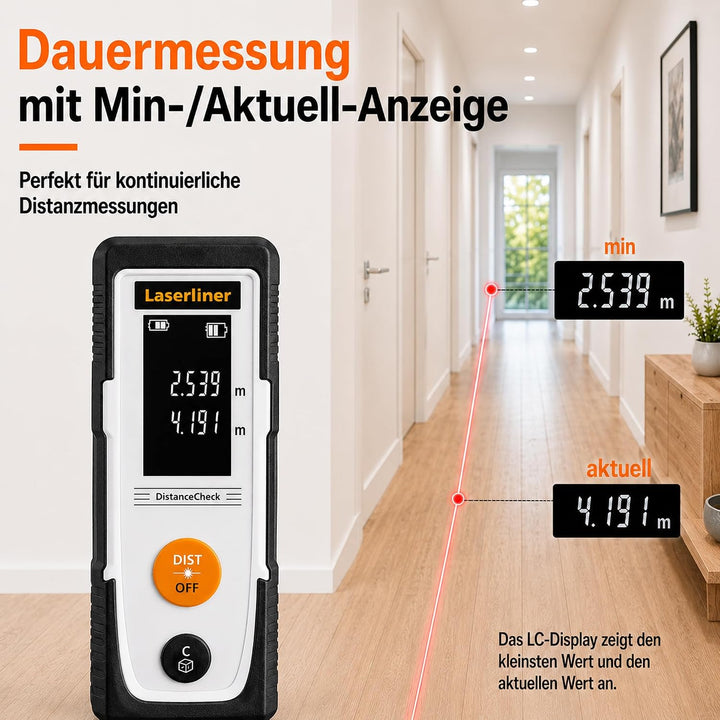 Laser-Entfernungsmesser, DistanceCheck 25, mit Flächen- &amp; Volumenberechnung | Dauermessfunktion, Min