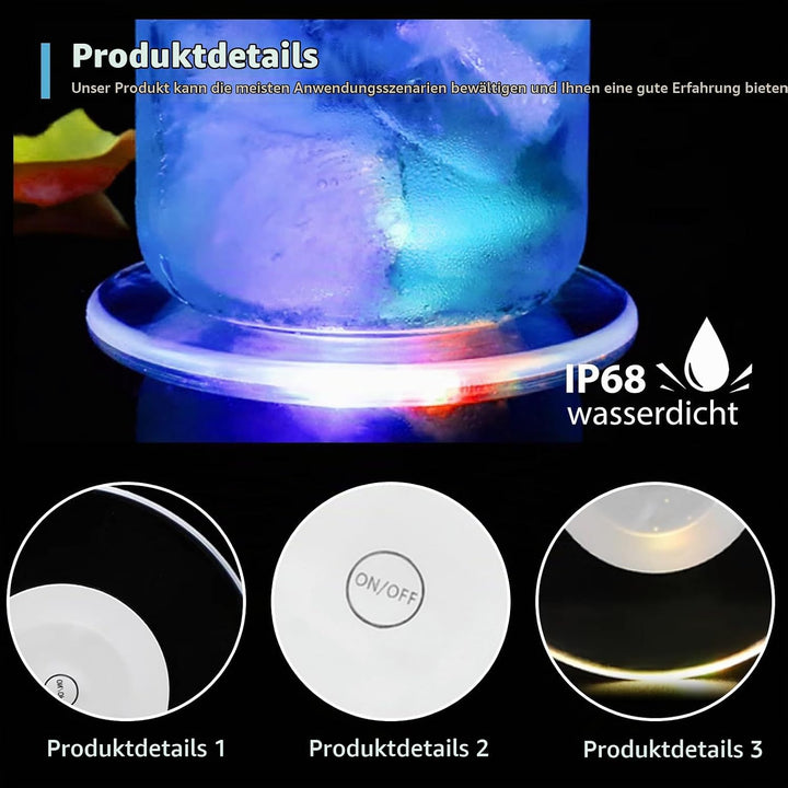 8 Stück LED Untersetzer: Ø 10cm Leuchtuntersetzer Rund aus Acryl, Wasserdicht mit 7 Farbmodi &amp; ON/Of