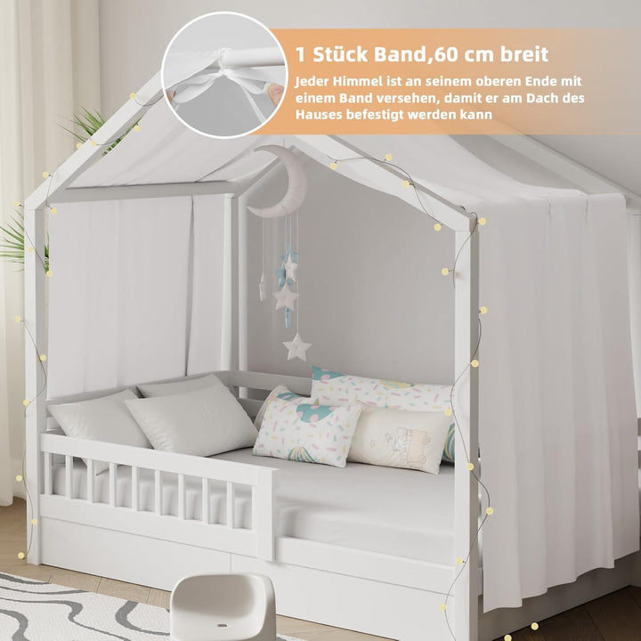 Hausbett Himmel mit Lichterkette 1 Stück Deko Baldachin Hausbett Vorhang,Betthimmel Musselin Stoffhi