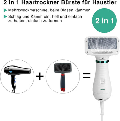 Ownpets Hundefön mit Fellkamm, 2 in 1 Haustier Haartrockner Bürste, Hundetrockner, Temperatur einste