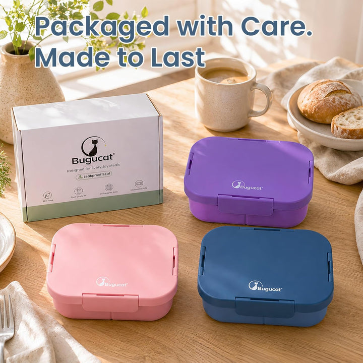 Bugucat Bento Box für Erwachsene Kinder 1300 ml, Auslaufsichere Lunchbox mit 3 Fächern, BPA-freie Br