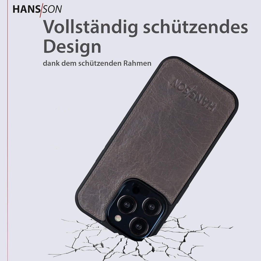 HANS/SON Echtlederhülle in Grau | iPhone 13 Pro Max Ledercase | Schutz vor Stürzen und Stössen | Mag