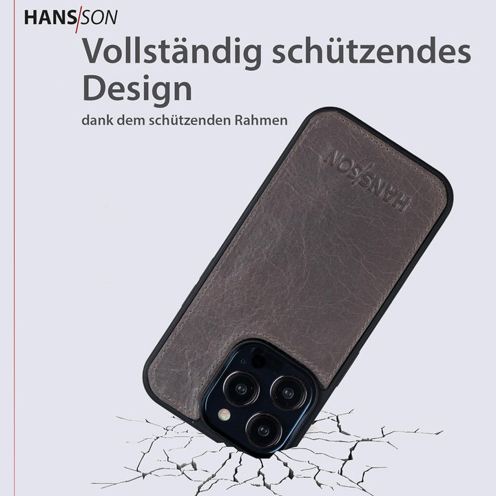 HANS/SON Echtlederhülle in Grau | iPhone 13 Pro Max Ledercase | Schutz vor Stürzen und Stössen | Mag