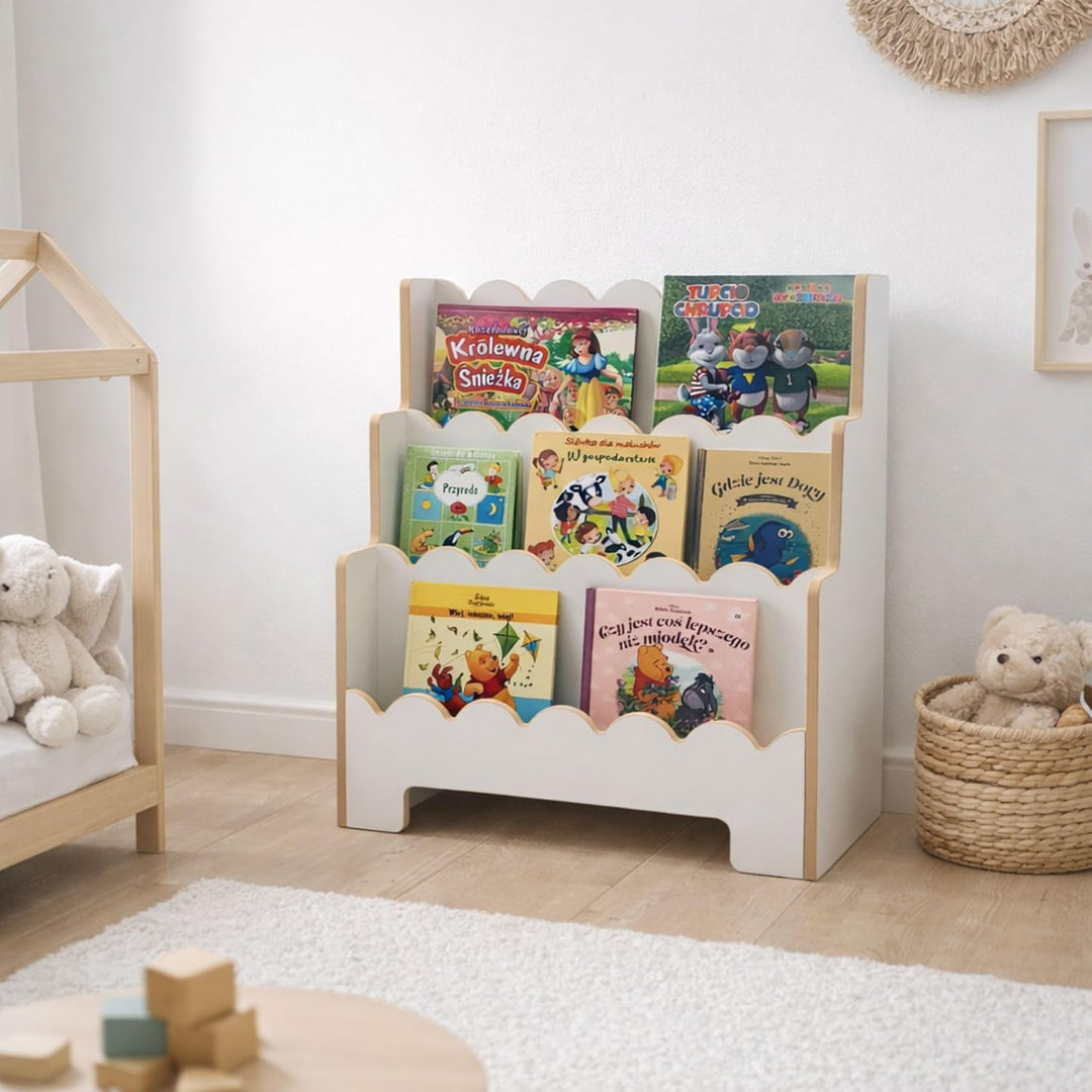 Montessori Kinderregal Weiss – Stabiles Bücherregal für Kinder – Regal für Spielzeug und Bücher – Er