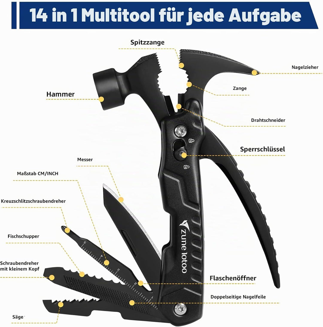 Zune Lotoo Multitool Camping Hammer, 14 in 1 Tragbares Multitool Werkzeug aus Edelstahl, Survival Mu