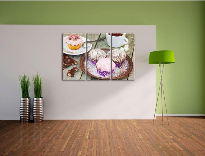 Pixxprint Köstliche Cupcakes als Leinwandbild/Grösse: 3 Teilig (120x80) cm/Wandbild/Kunstdruck/ferti