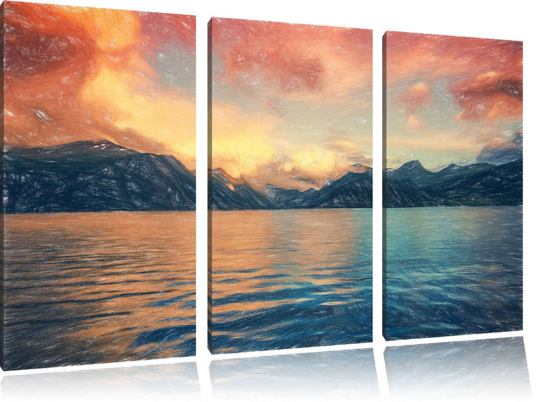 Pixxprint eine schöne Landschaft im Norden Kunst Buntstift Effekt 3-Teiler Leinwandbild 120x80 Bild