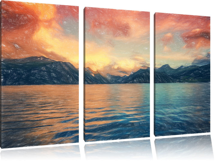 Pixxprint eine schöne Landschaft im Norden Kunst Buntstift Effekt 3-Teiler Leinwandbild 120x80 Bild