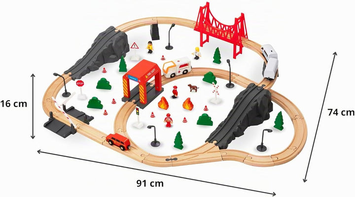 Mamabrum Holzeisenbahn Brücke Zug Feuerwehr, Eisenbahn Set für Kinder 3+, 19 Elemente, Lokomotive, B