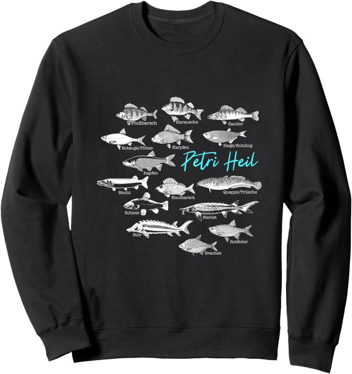Angler Design mit diversen Fischarten Petri Heil für Fischer Sweatshirt