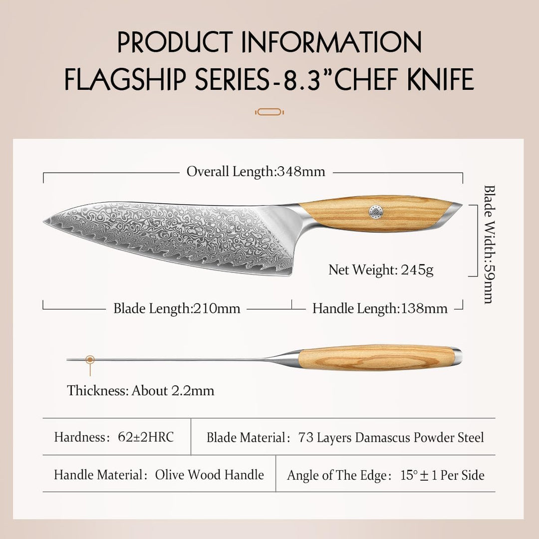 HEZHEN 21CM Damast Kochmesser, Profi Küchenmesser, 73 Lagen Damaszener Stahl, Full Tang Griff aus Ol