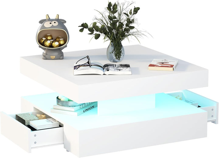 KEEPREAPER Couchtisch LED, Wohnzimmertisch mit 2 Schubladen für Wohnzimmer 78 x 78 x 40cm (Weiss), W