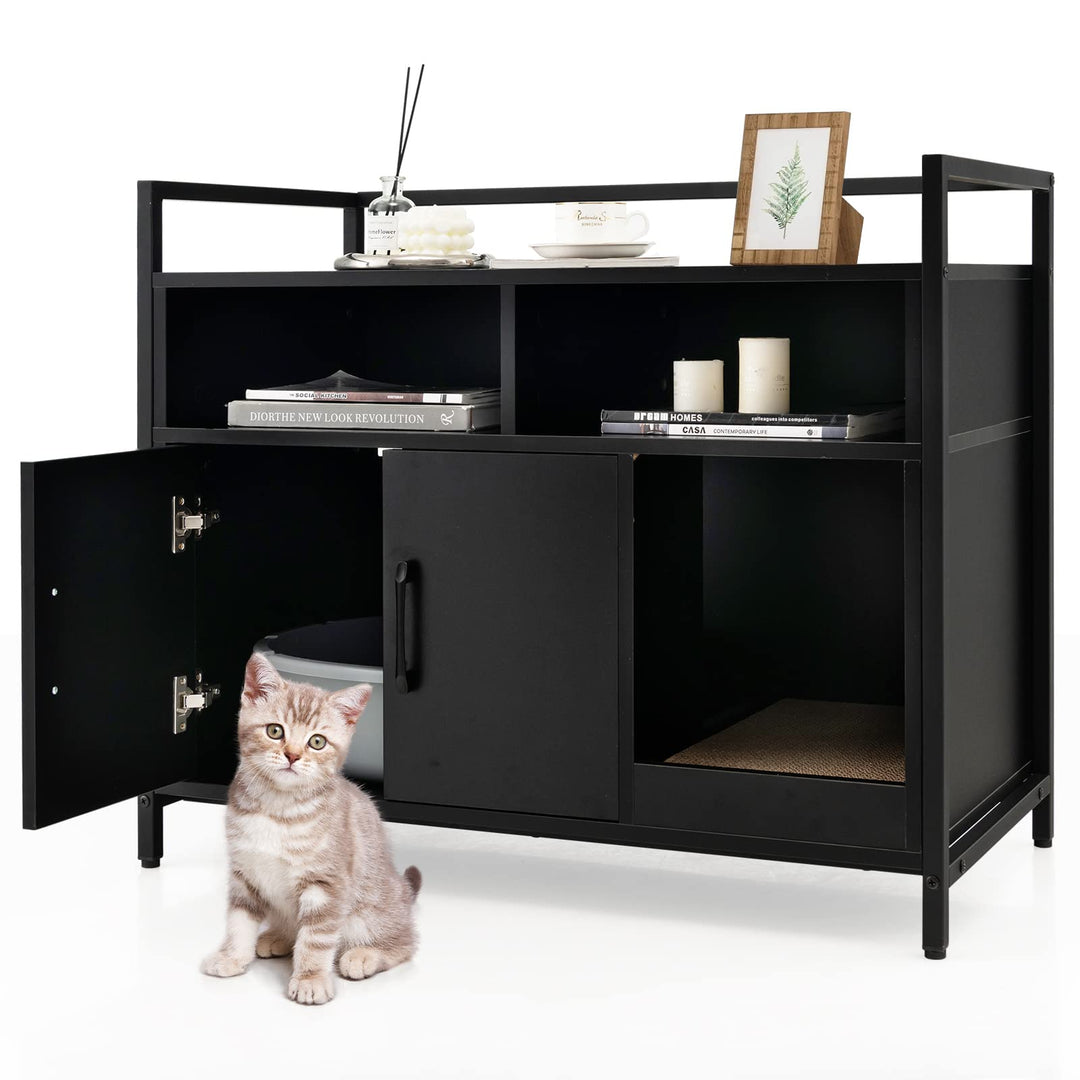 COSTWAY Katzenschrank Katzentoilette mit Doppeltüren & Kratzunterlage, Katzenhaus mit offenem Regal