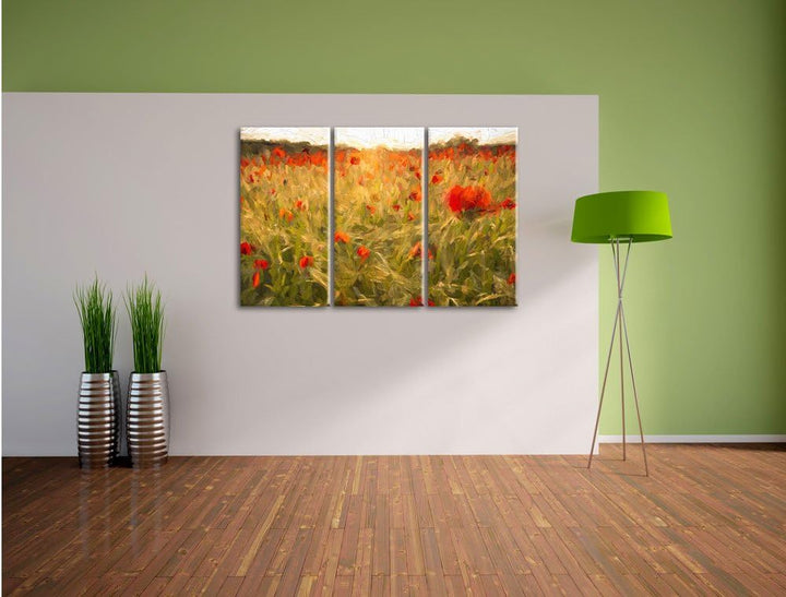 Pixxprint Mohnfeld bei Sonnenuntergang als Leinwandbild/Grösse: 3 Teilig (120x80 cm) cm/Wandbild/Kun