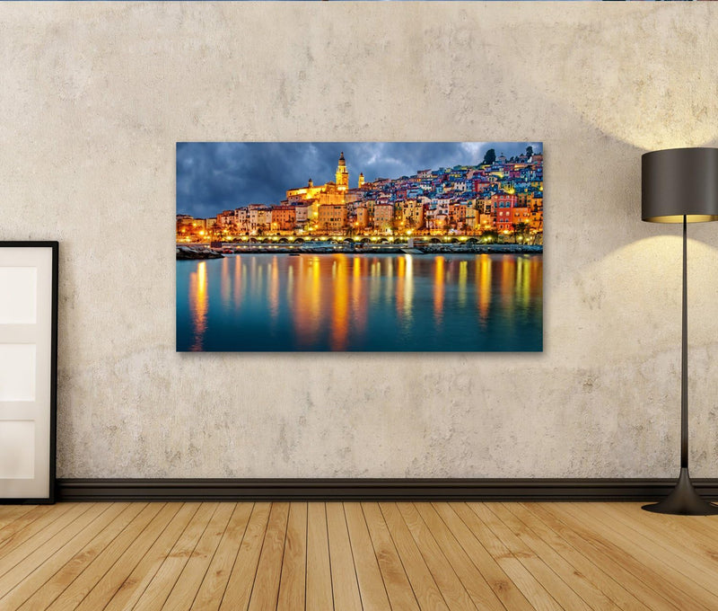 Bild auf Leinwand Provence Dorf Menton Nach Sonnenuntergang Wandbild Poster Kunstdruck Bilder Format