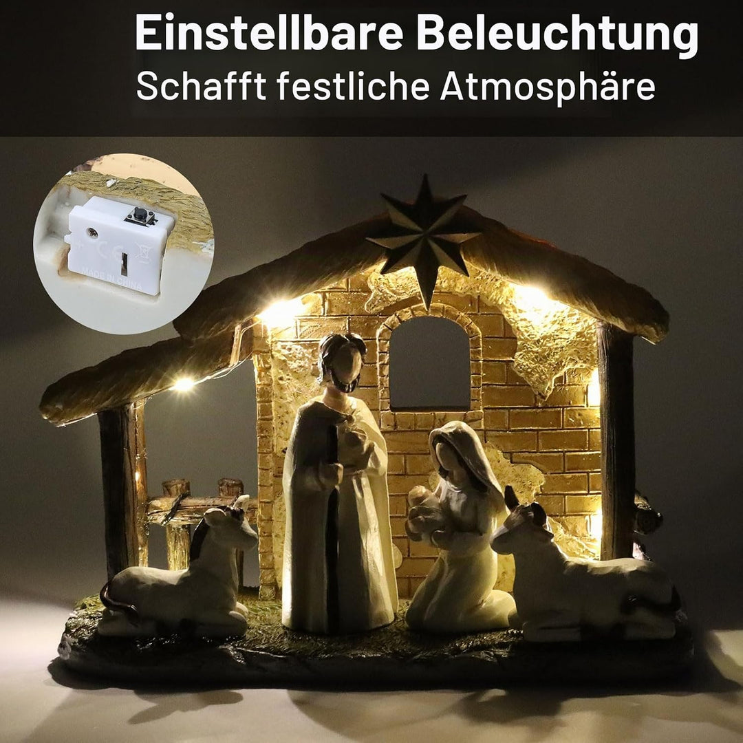 Topsky Krippenfiguren Set – Weihnachtskrippe mit Beleuchtung, 5pcs Krippenset Handbemalt – Weihnacht