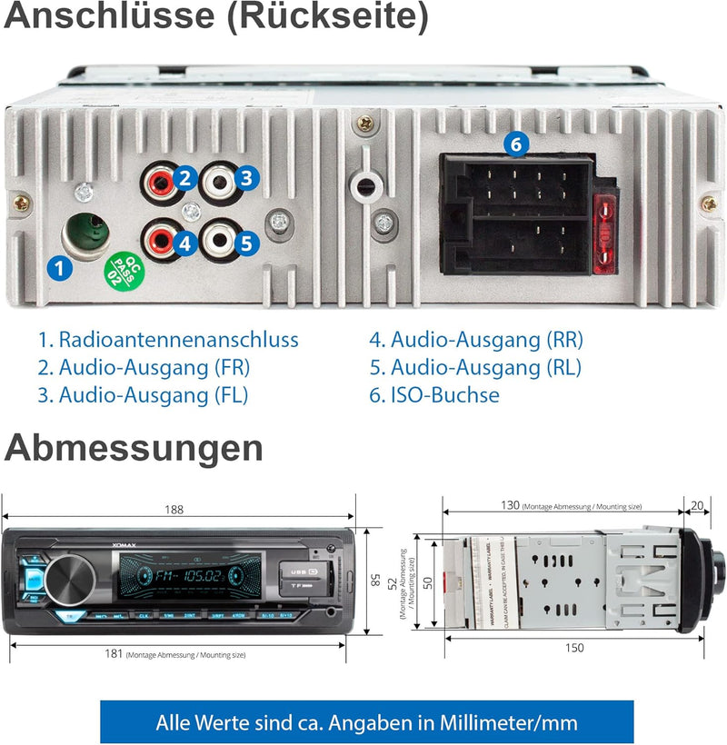 XOMAX XM-R281 Autoradio mit RDS, FM, Bluetooth Freisprecheinrichtung, USB, SD, MP3, ID3, AUX-IN, USB