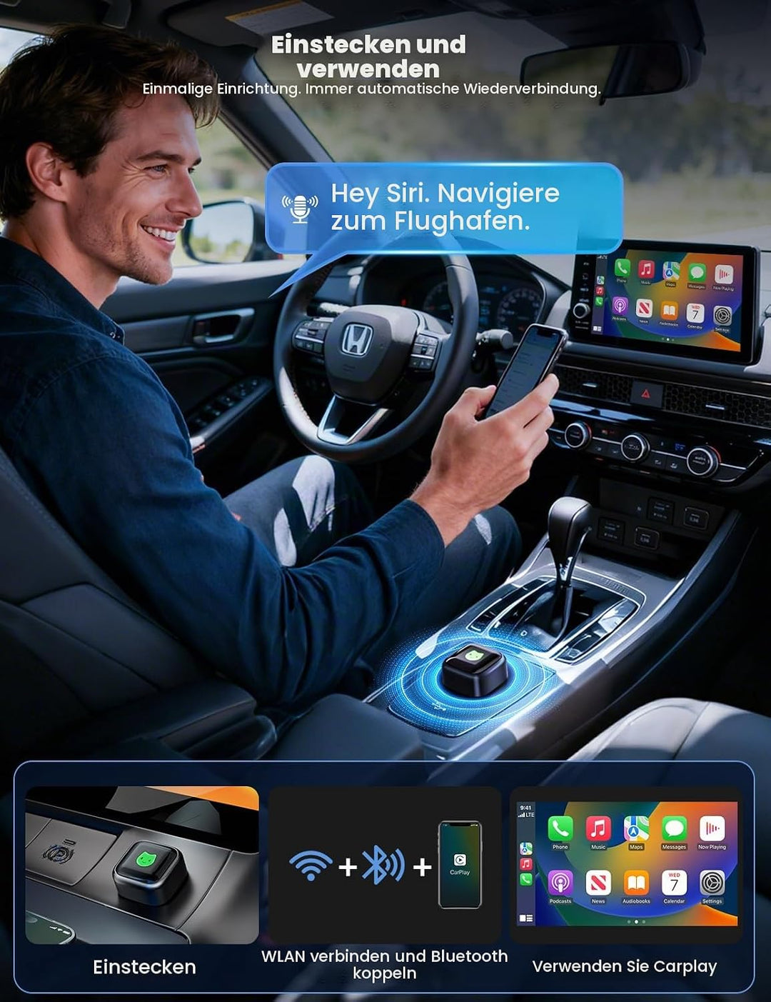 CarPlay Wireless Adapter für Apple 2026 Upgrade, Wired zu Wireless CarPlay, USB &amp; Type-C Dual-Port,