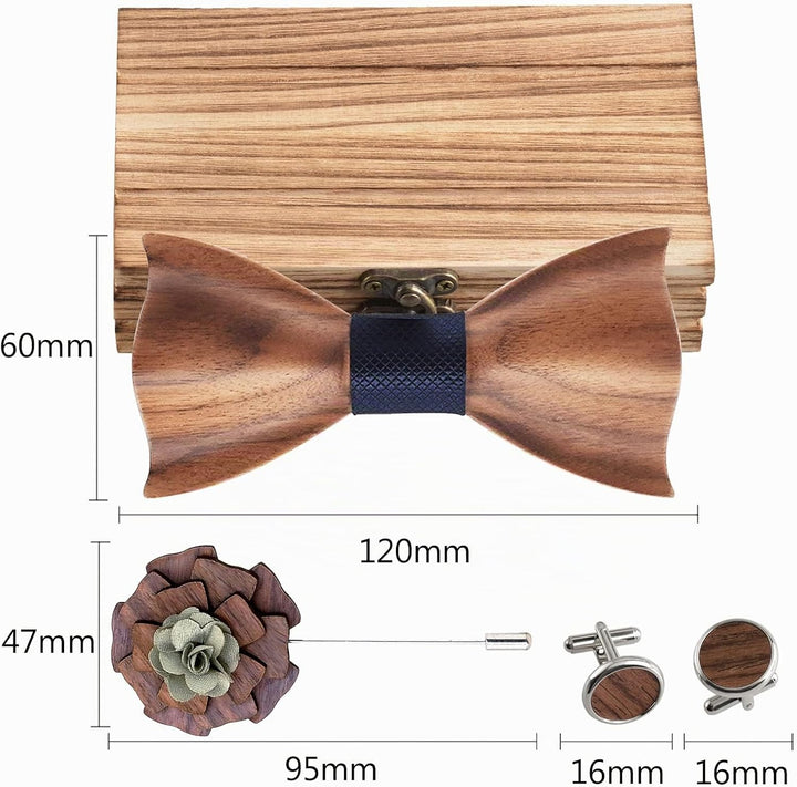 Mr.Van Holzfliege Klassische Set Fliege Herren,Holzfliege, Holz Manschettenknöpfe, Holzbrosche, Eins