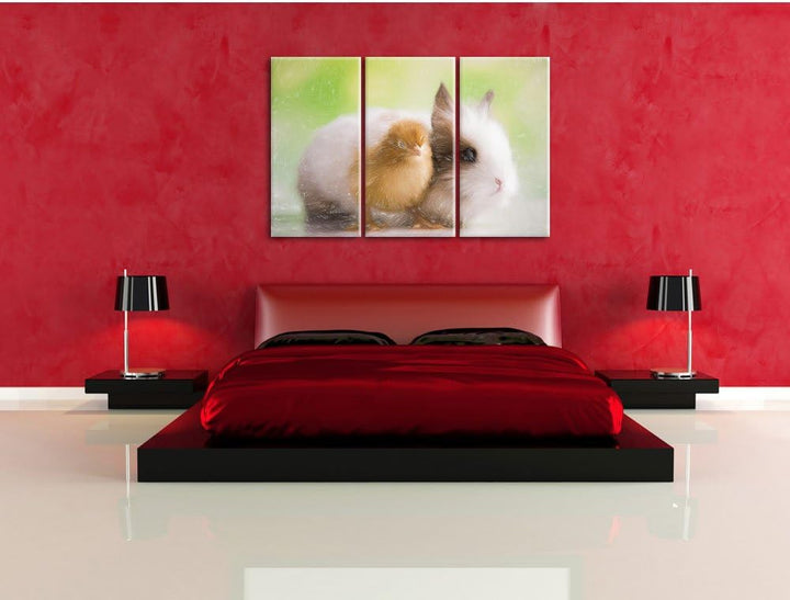 Pixxprint kleines Küken mit süssem Häschen / 3-Teilig/Gesamtmass 120cm Leinwandbild bespannt auf Hol