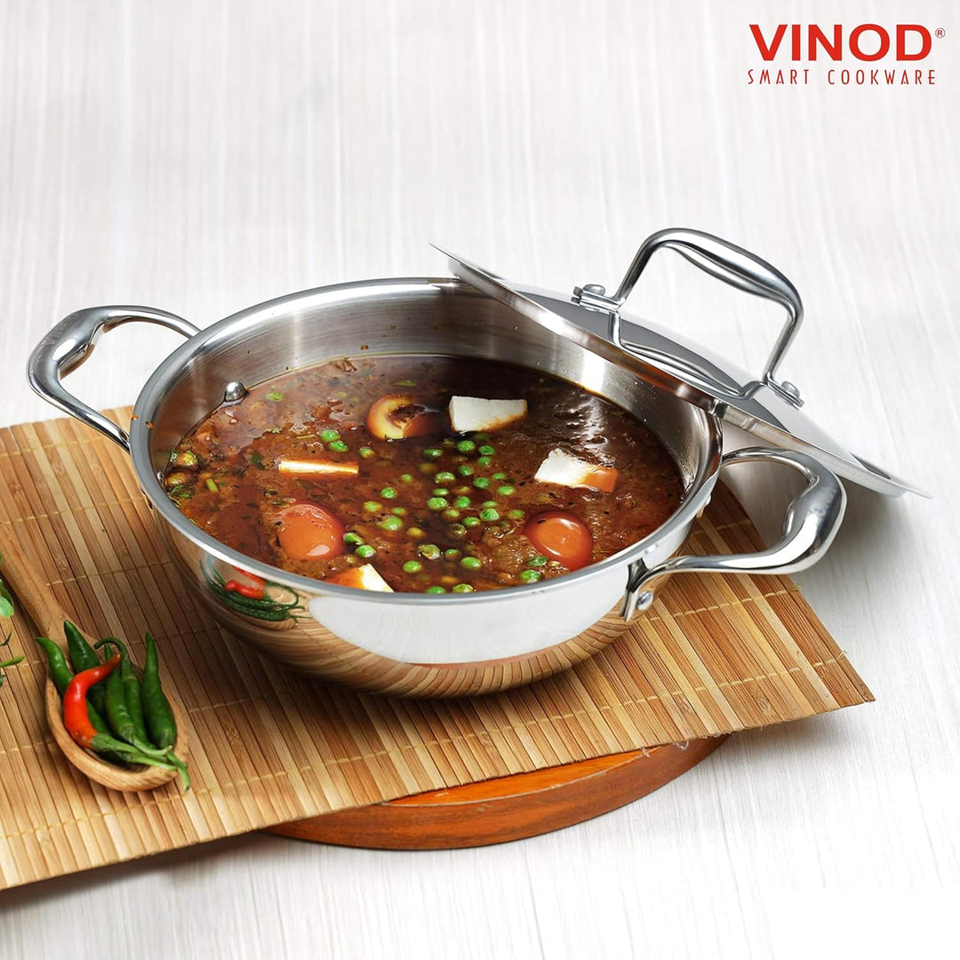 Vinod Platinum Triply Edelstahl-Kadai, geeignet für indische Küche, Saucen, Eintöpfe, Suppen, extra