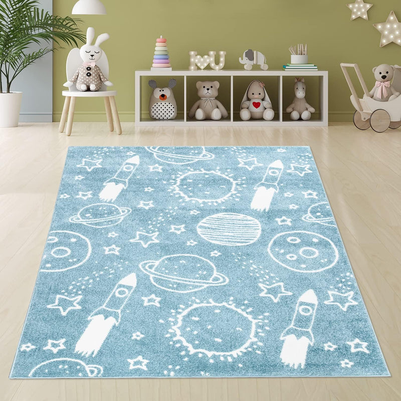 payé Teppich Kinderzimmer Läufer - Blau - 80x150cm - Galaxy Unviersum Weltall Stern Rakete Spieltepp