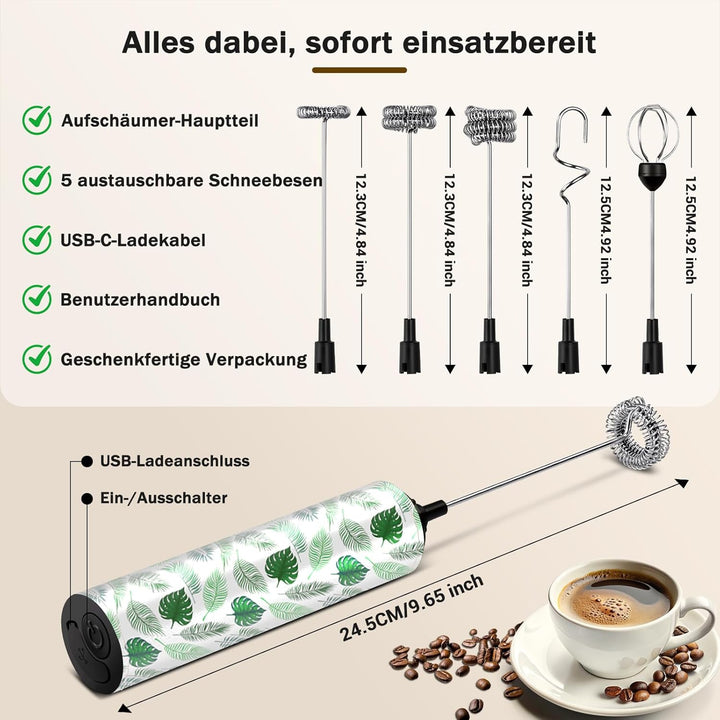 Milchschäumer Elektrisch USB-C mit 5 Wechselbaren Edelstahl-Schneebesen–2 Einstellbare Geschwindigke
