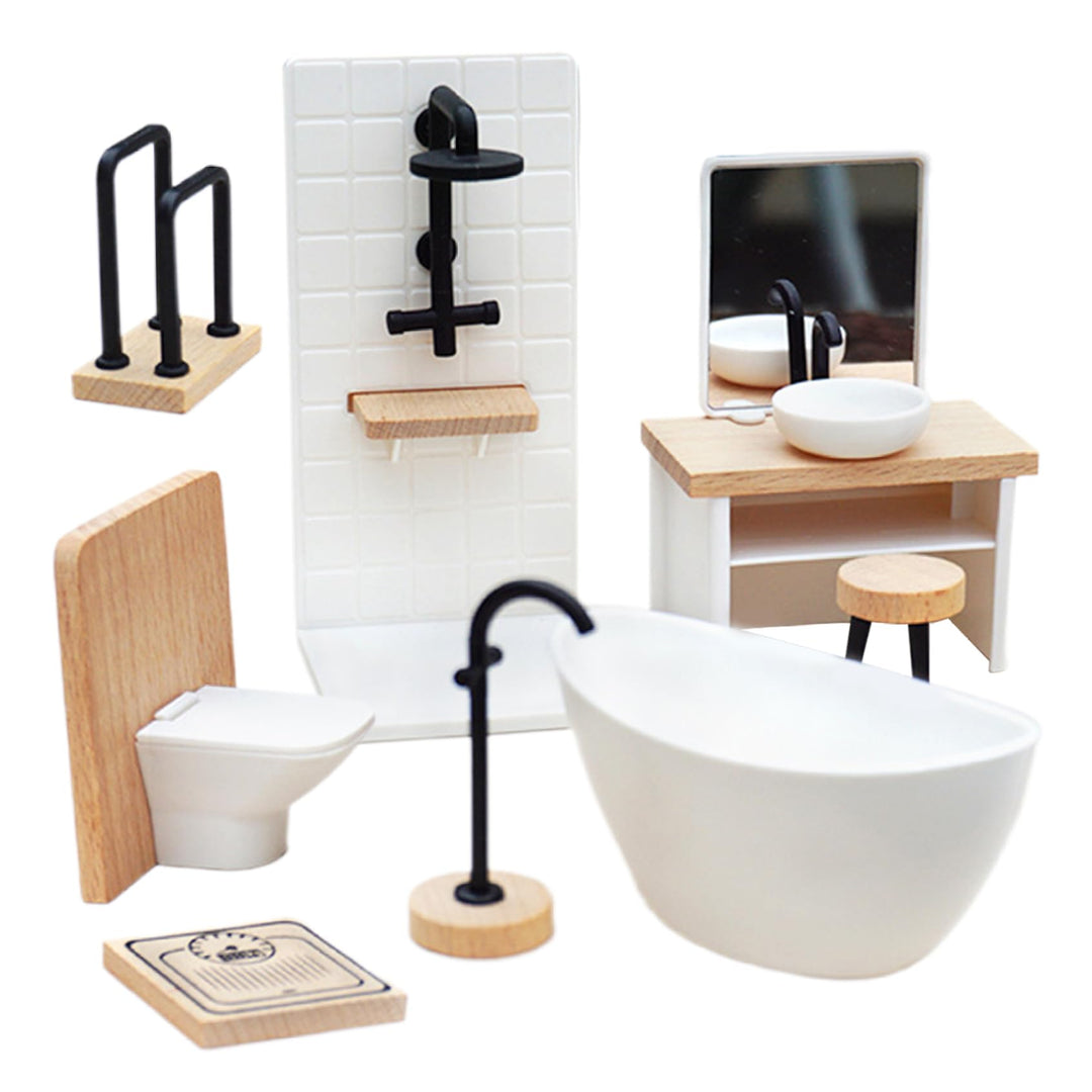 Puppenhaus-Badezimmer-Set, 8-teilig, 1:12, realistische Miniatur-Puppenhaus-Toilette aus Holz, dekor