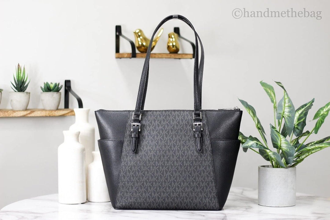 Michael Kors Charlotte Grosse Tragetasche mit Reissverschluss oben Black Sig, Black Sig