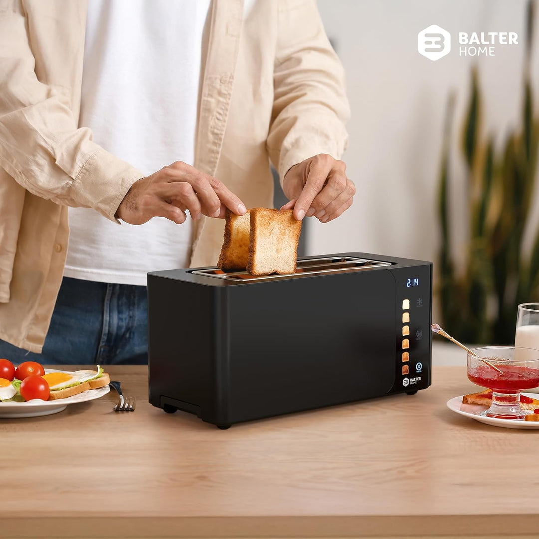 Balter Toaster 4 Scheiben Touch Bedienung, Langschlitz, Edelstahl, Brötchenaufsatz, LCD Display Rest