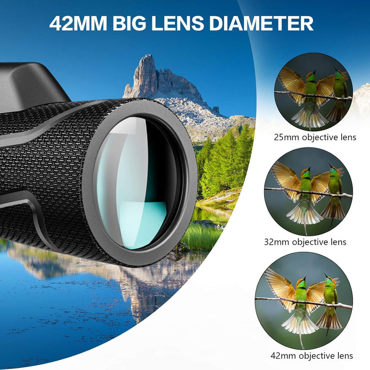 12x42 Zoom Fernrohr monokular, Mono fernglas Erwachsene, mit Smartphone Halter Stativ,für Wildtiere