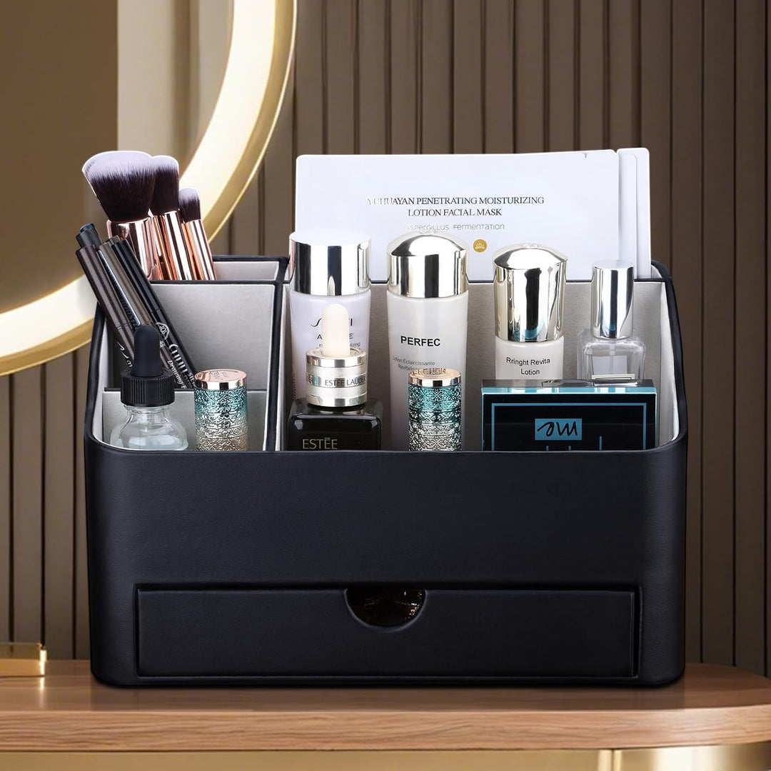 KINGFOM Make Up Kosmetik Organizer, PU Leather Schmink Organizer mit Schublade Skincare Organizer fü