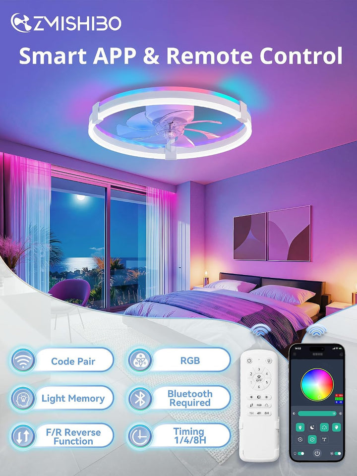 ZMISHIBO 51 cm RGB-Deckenventilator mit Licht,Fernbedienung &amp; APP-Steuerung,6 Geschwindigkeiten, Vor