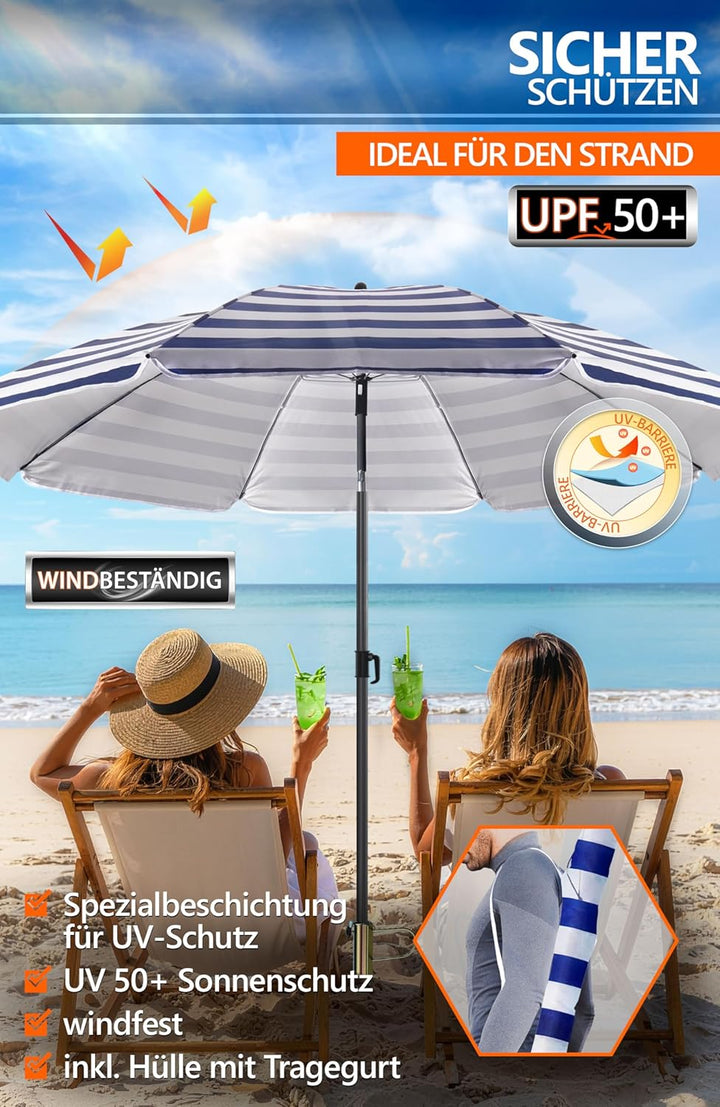 4smile Sonnenschirm Strand Ø 180 cm mit Rasendorn, 3-IN-1-SET, Blau-Weiss | Strandschirm windfest st