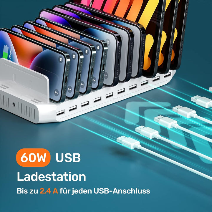 Alxum 60W USB Handy Ladestation Mehrfach,10 Ports 5V/2.4A Ladestation Mehrere Geräte mit verstellbar