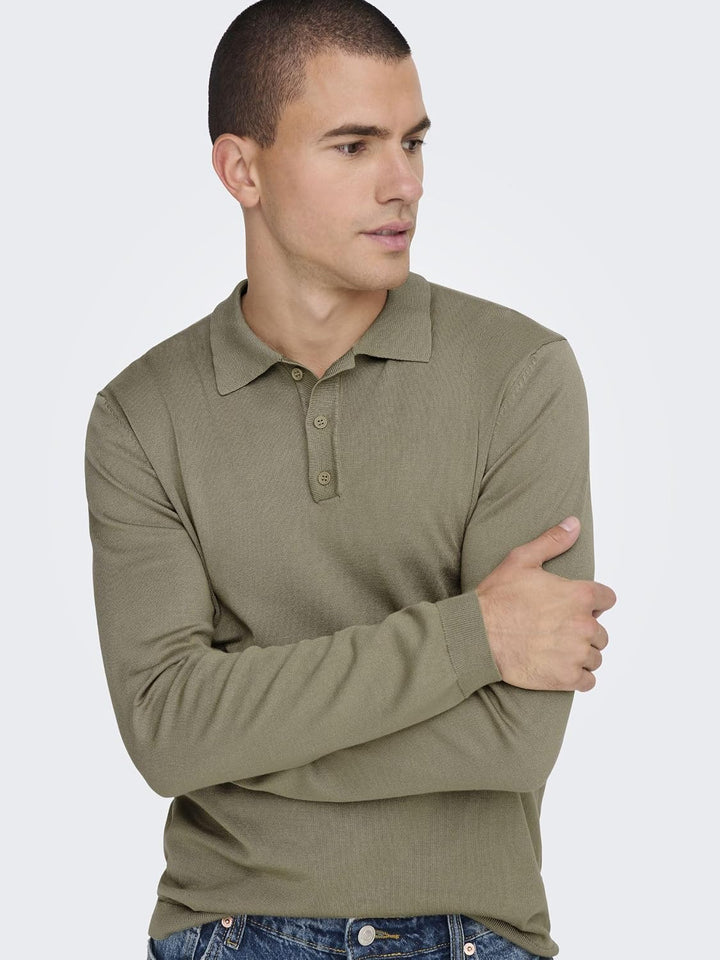 Herren O&amp;S Polo Langarm Shirt Basic Pullover aus Baumwolle Longsleeve Knitted Sweater ONSWYLER, Chin