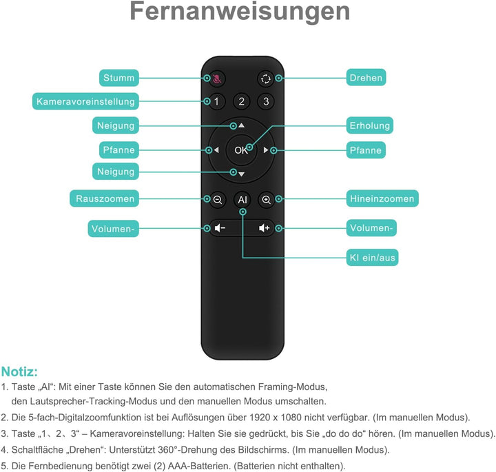 4K Videokonferenz-Webcam mit Mikrofon und Lautsprecher, AI-Powered Kamera für Videokonferenz mit Fer