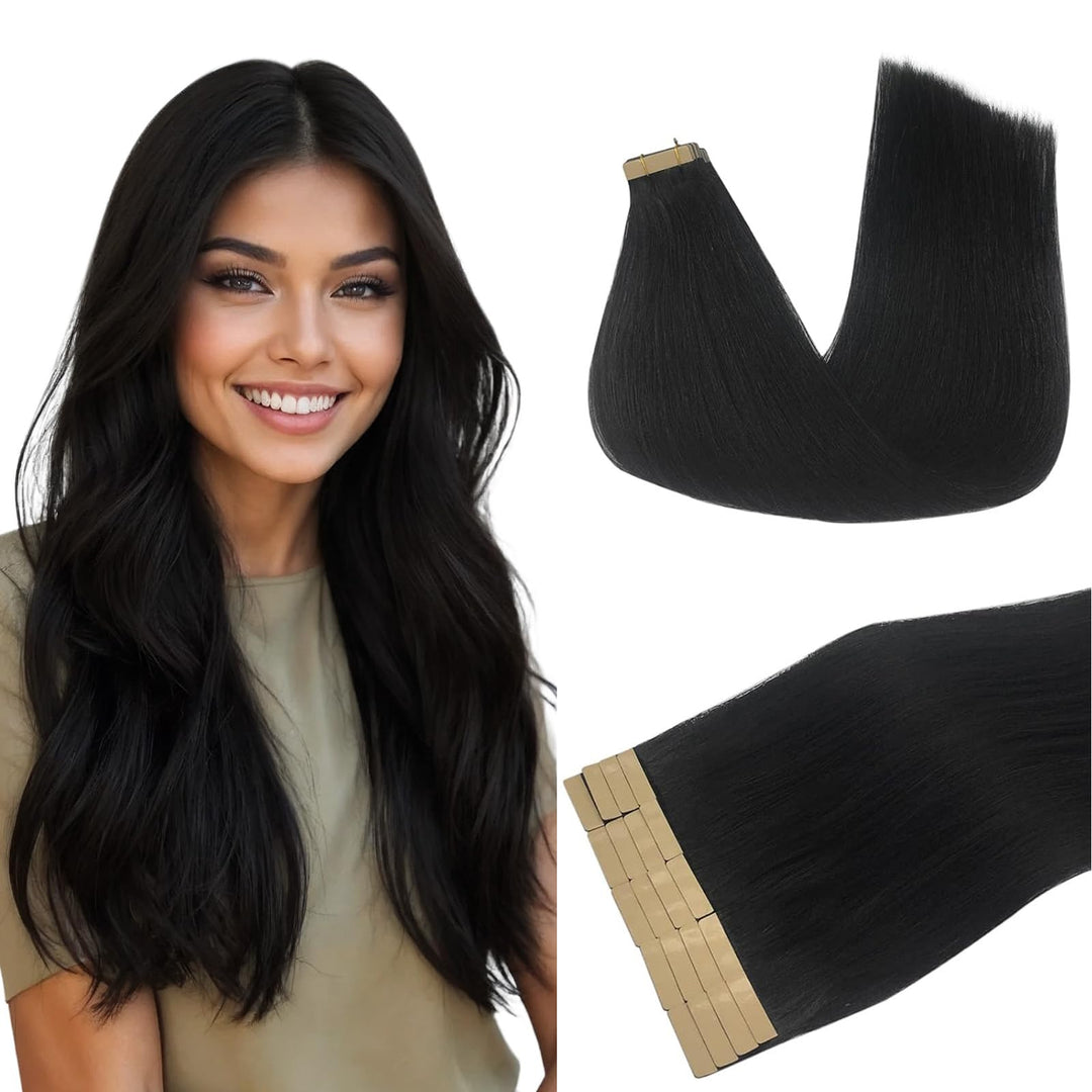 DOORES Extensions Echthaar Tape in, Tief Schwarz 35cm (14zoll) 50g 20pcs, Remy Haarextension Tape in