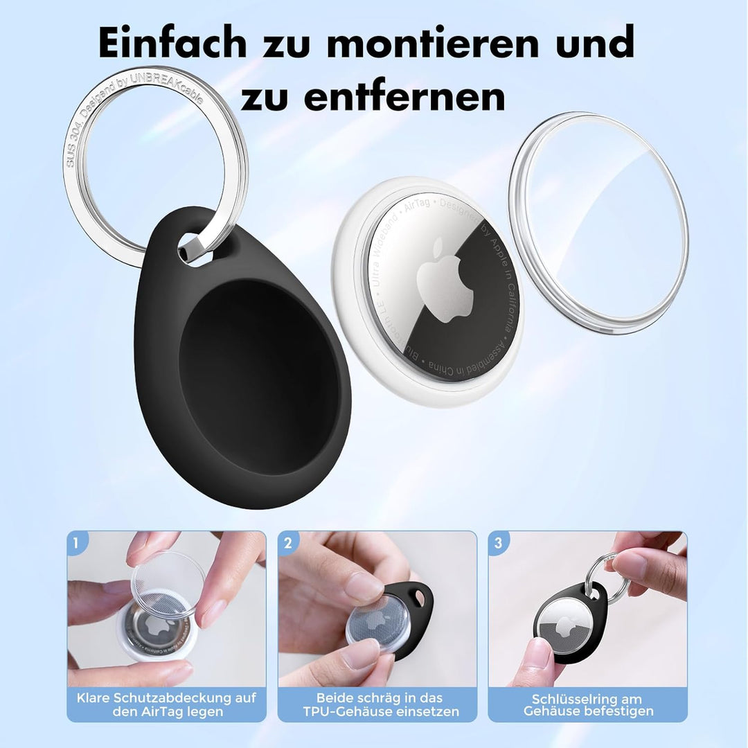 UNBREAKcable 360° Schutzhülle für AirTag [4er-Pack], TPU Vollschutz Schlüsselanhänger mit 304 Edelst