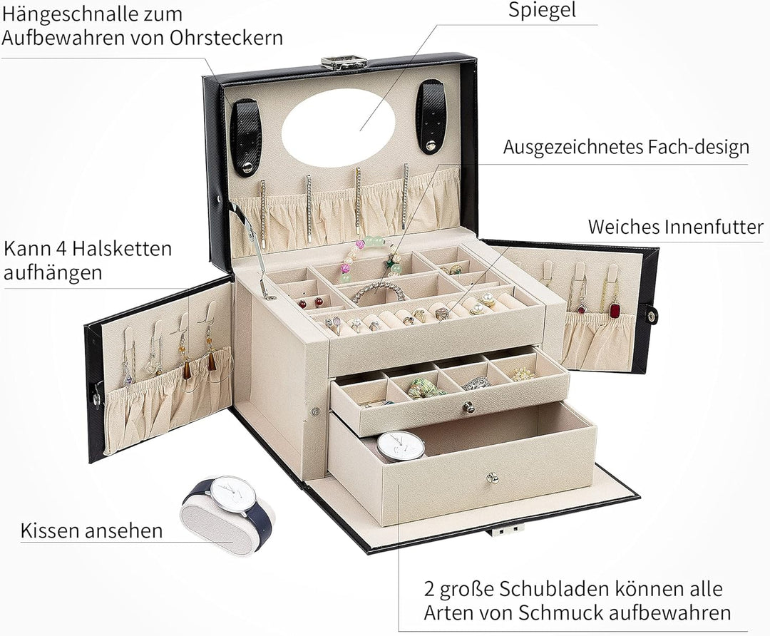 AdelDream Schmuckkasten Schmuckkästchen mit 2 Schubladen abschliessbarer Schmuck-Organizer mit Spieg