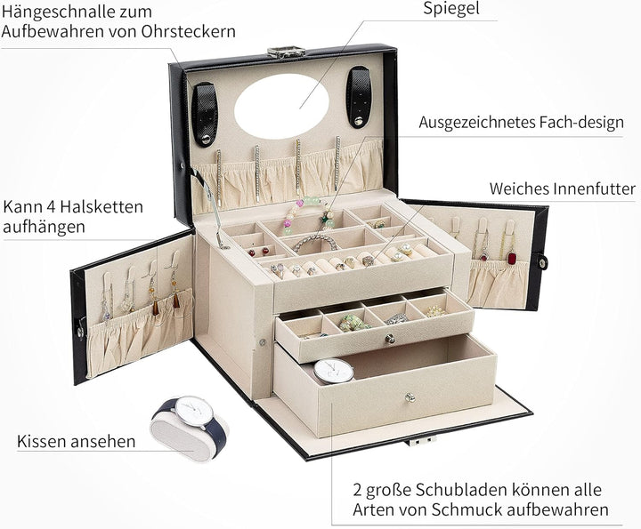 AdelDream Schmuckkasten Schmuckkästchen mit 2 Schubladen abschliessbarer Schmuck-Organizer mit Spieg
