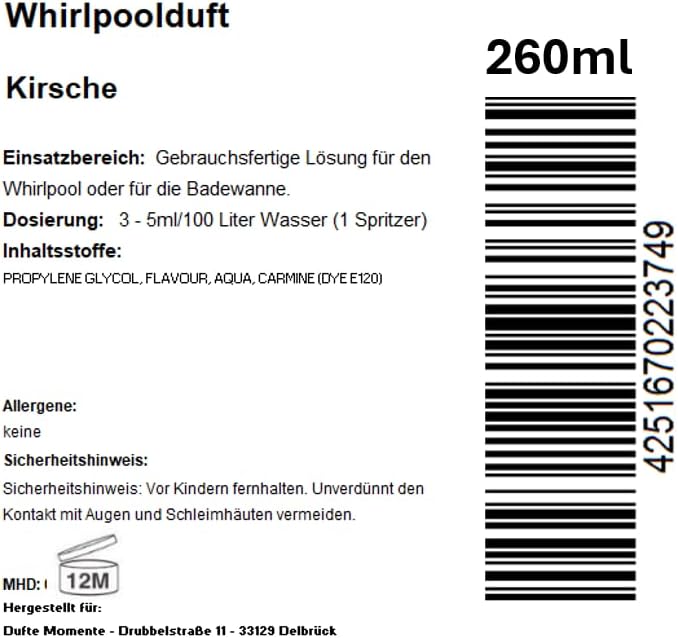Dufte Momente | Whirlpool Duft Kirsche 260ml | mit naturreinen und natürlichen ätherischen Ölen | ke