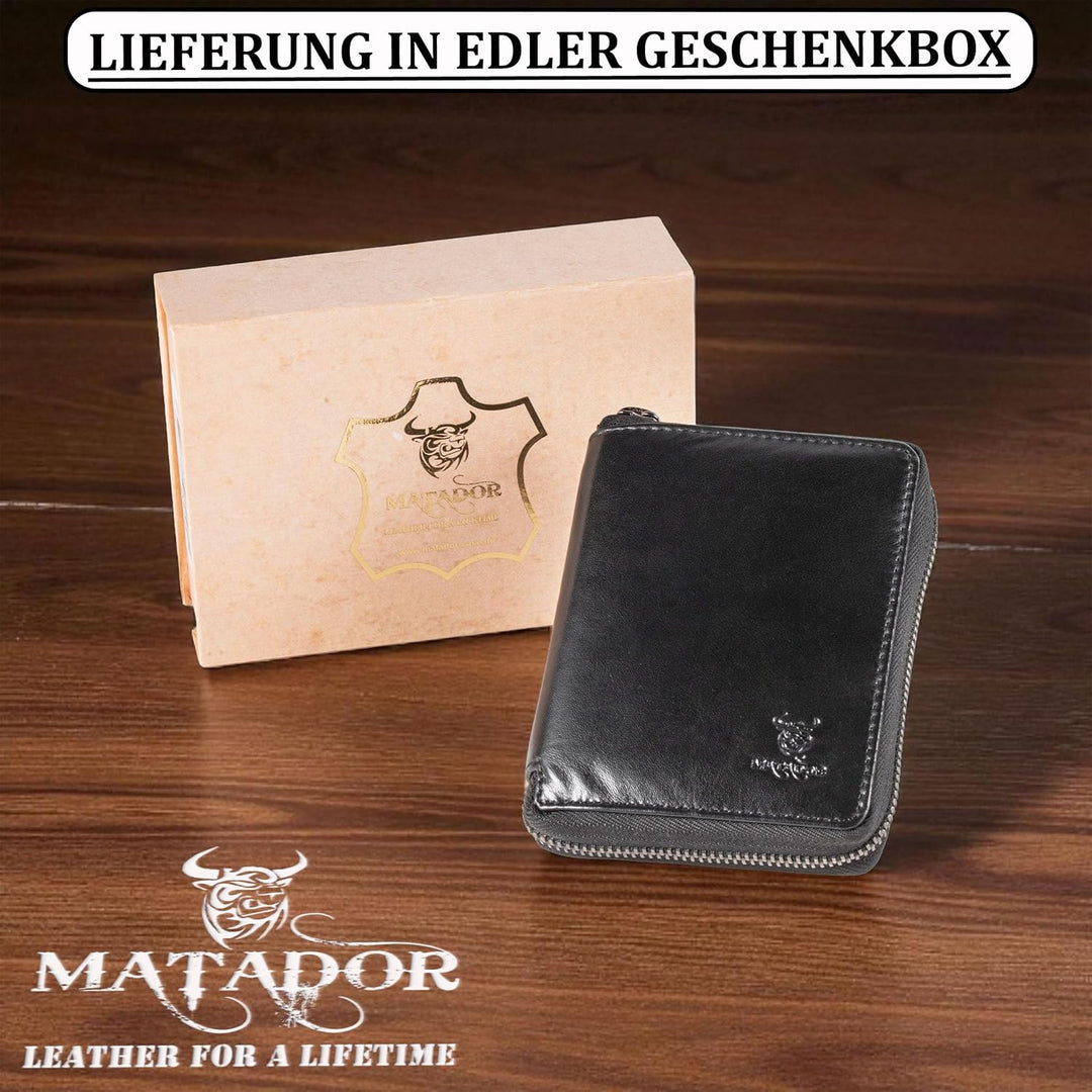 MATADOR Geldbörse Portmonee Geldbeutel Herren Leder mit YKK Metall Reissverschluss | Portemonnaie Ge