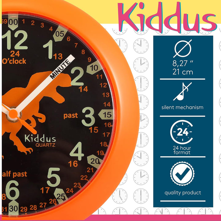 Kiddus Wanduhr für Kinder. Analoger Zeitlehrer mit Zeitlernübungen. Stilles Uhr. Viele Sprachen. Spa