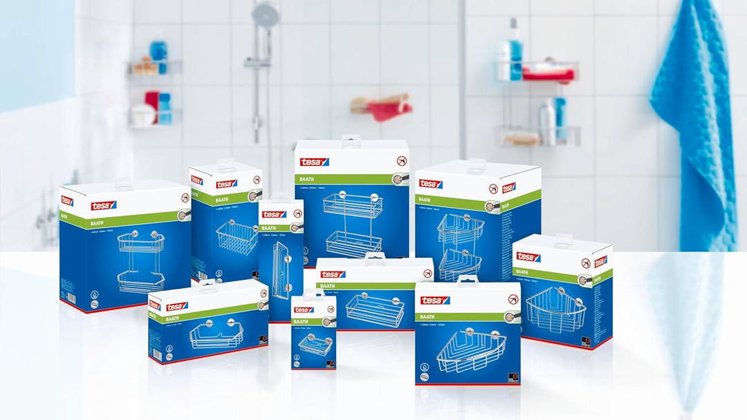 tesa baath Plus Duschablage Chrom, extratiefer Boden, inkl. Klebelösung, 117mm x 250mm x 125mm Ablag