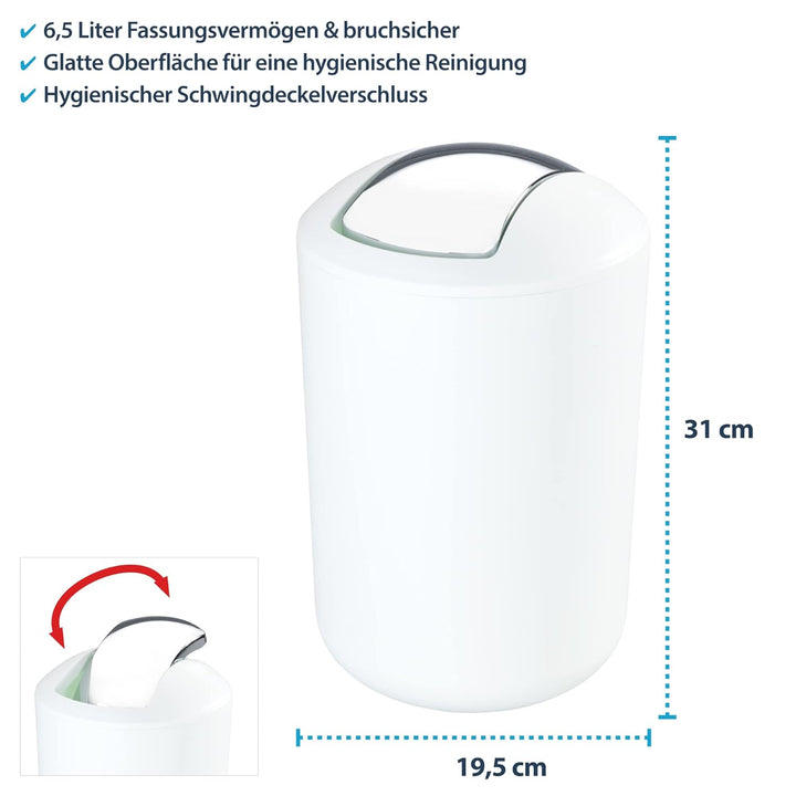 Kosmetikeimer mit Schwingdeckel, Badmülleimer bruchsicher in verschiedenen Farben 6,5 Liter (Weiss),