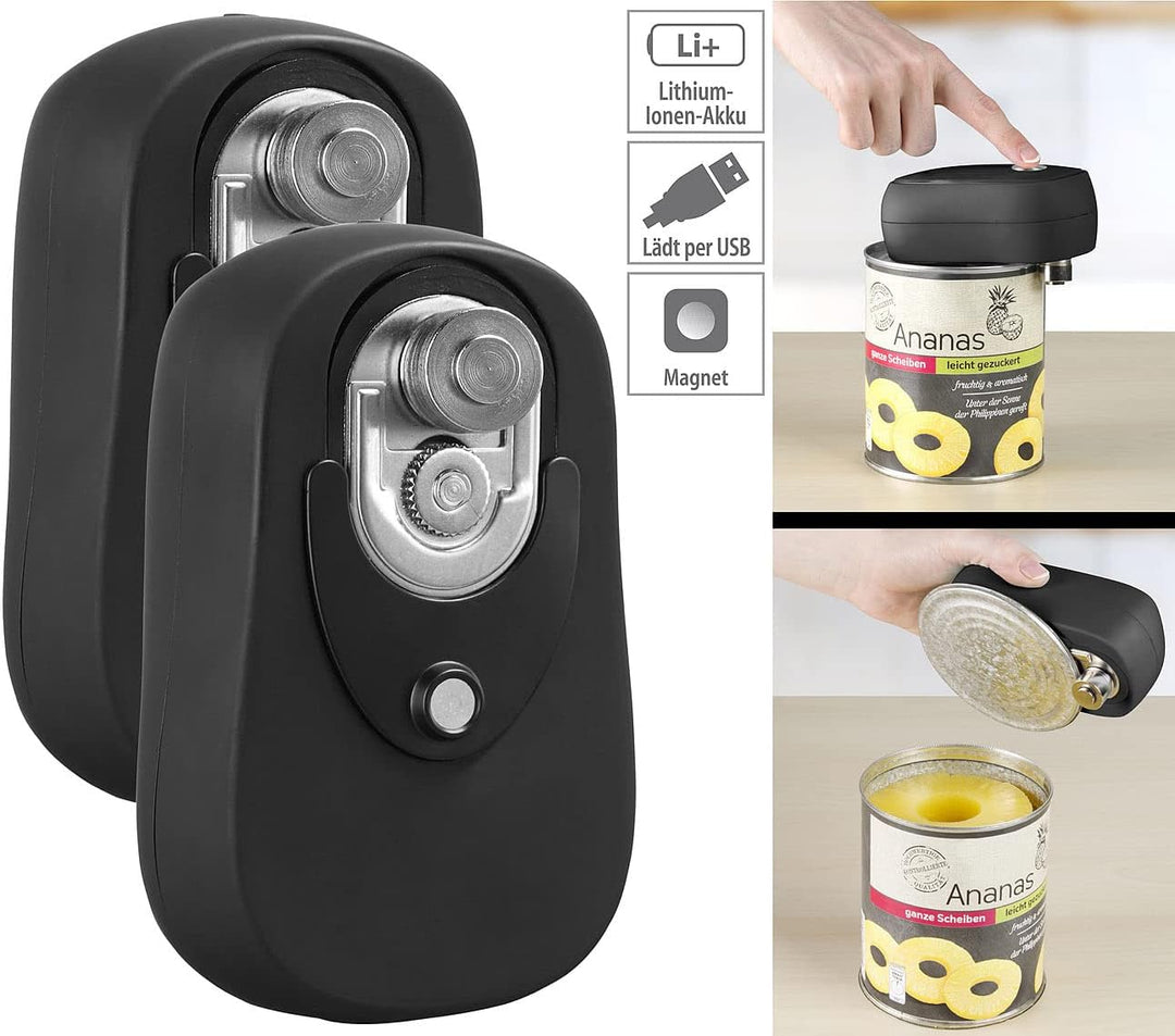 Rosenstein & Söhne Electric Can Opener: 2er-Set Sicherheits-Dosenöffner mit Akku, wiederverschliessb