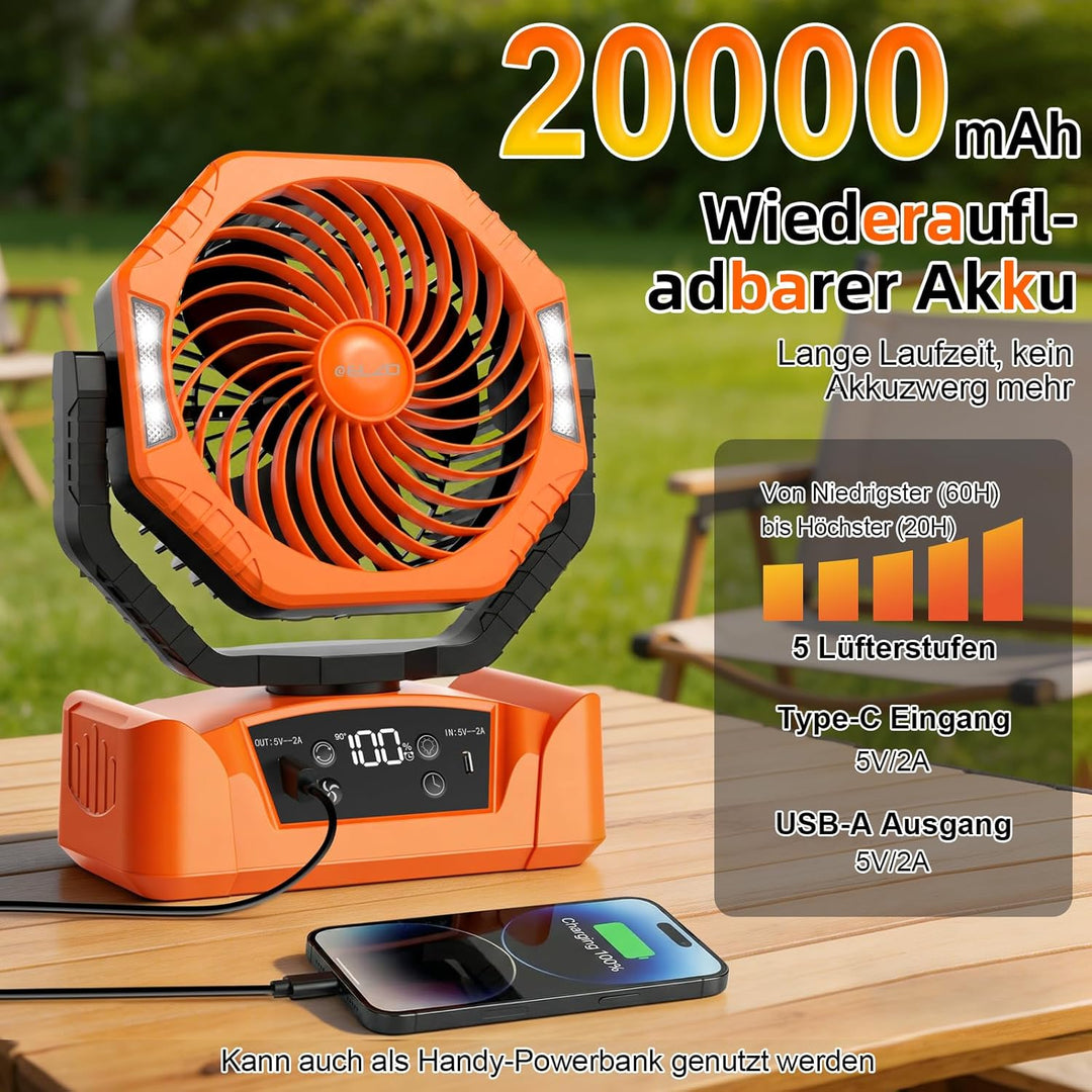 ELZO 20000mAh Camping Ventilator, Wiederaufladbarer Tischventilator USB Ventilator mit LED Licht & H