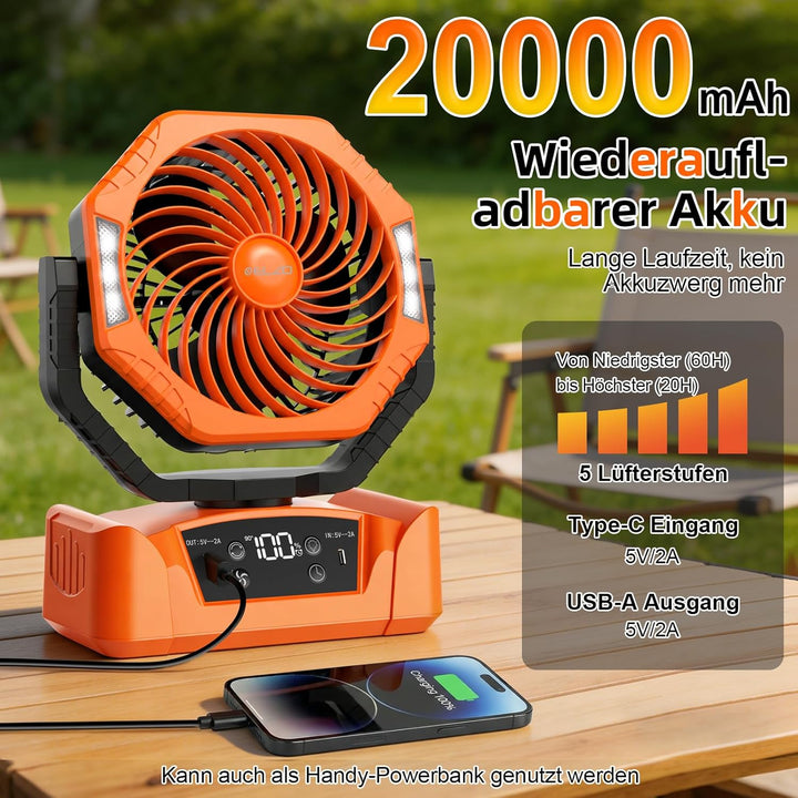 ELZO 20000mAh Camping Ventilator, Wiederaufladbarer Tischventilator USB Ventilator mit LED Licht & H