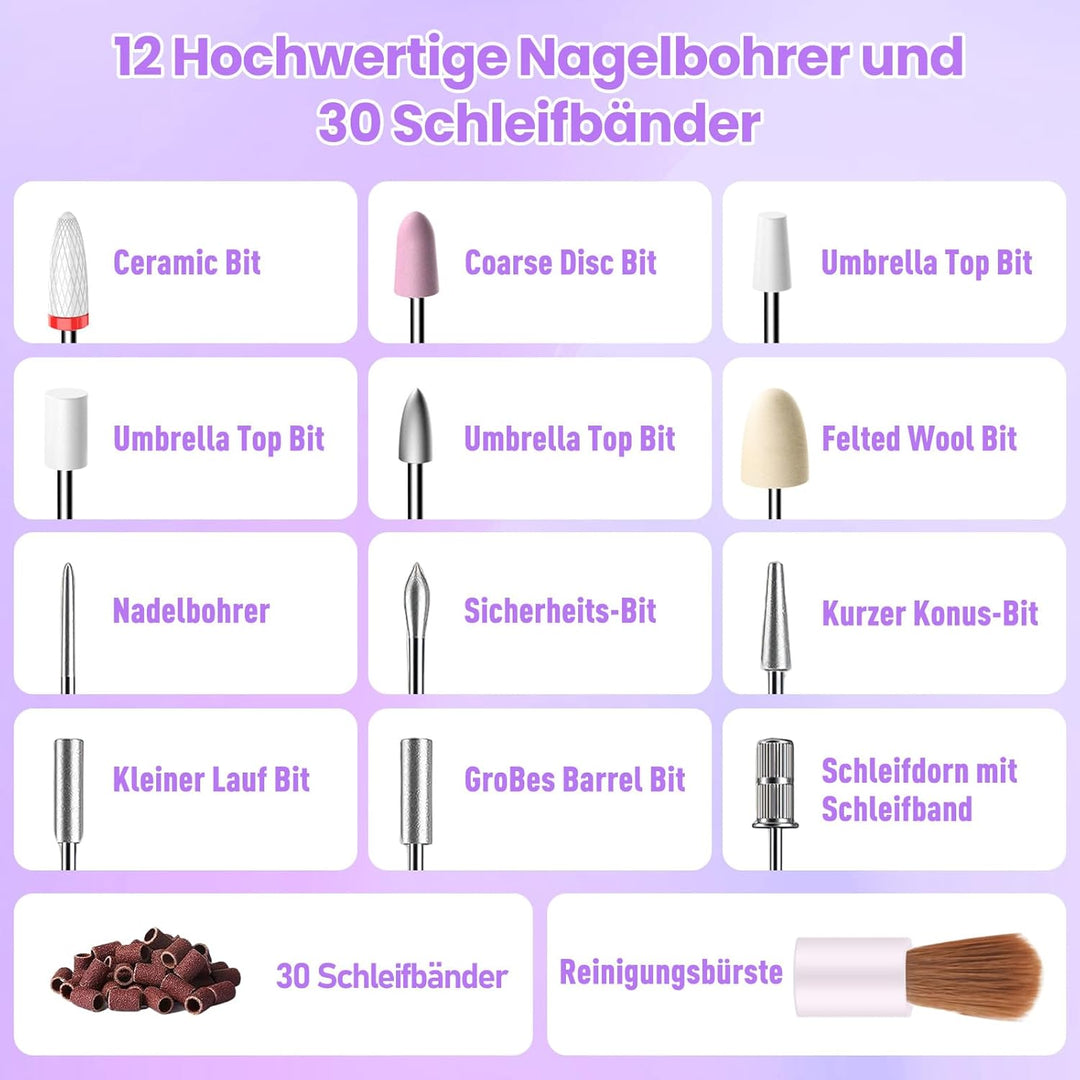 Kabellos Tragbar Nagelfräser 35000 u/min, 15 in 1 Professionell Elektrische Nagelfeile Fräser für Ge